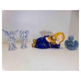 2 Ceramic Angels White w/Blue Accents Signed by