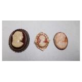 3 Vintage Carved Cameo Brooch Necklace Pendants