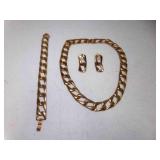 Gold Tone Chain Link Necklace Bracelet & Pierced