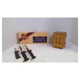 2 Knife Items; 1 Vintage Oak wood Knife Block,