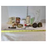 Brass lantern finial, brass door knobs, twin roll