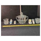 Pressed glass jar w/lid, 2 cut glasses, 4 shoes