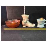 Glass bowl, ceramic boot, mustache cup & brush