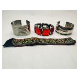 4 Bracelets, 2 Silvertone Cuff, Red Plastic rhines