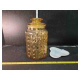 Amber glass jar w/sealing lid, milk glass tray