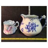 Pitcher w/blue flowers, Shaving mug w/rose designs