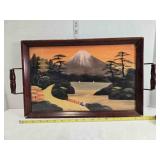 Serving tray, Japanese scene & glass