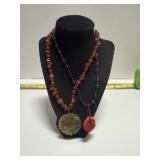 Purple Bead Necklace Red Coral? Slice Pendant, Red