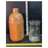 Light brown crock bottle & clear 12 oz jar