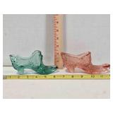 2 pressed glass slippers, pink & green, 2" tall