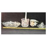 Cut glass, 3 part tray, jar, juicer, mustache cup
