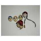 1980s Ceramic Face Mask Cabochon Pins, Lapel pin