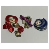 3 Art Deco Revival Lady Face Brooches-1980s Faces