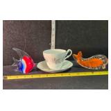 China cup/saucer, glass whale, fish paperweight