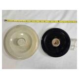 2 crockery lids, glass stopper 5/8"across