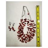 Multi-strand red coral chip bib Necklace, 925 Silv