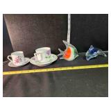 2 cup & saucer sets, Glass Angel fish & dolphin