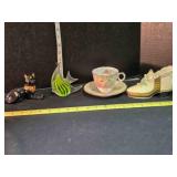 Cup & saucer, cat figure, glass fish, China shoe