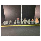 9 glass figurines; Scottie dog, lamp, iron,