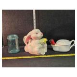 Bunny teapot, Mason jar, mustache cup & brush