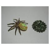 Spider Brooch, Green Stone Floral Brooch