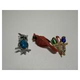 3 Bird Brooches, Resin Cardinal, Faux Turquoise Ow