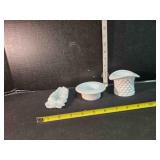 Milk glass hand tray, 2 hat toothpick holders