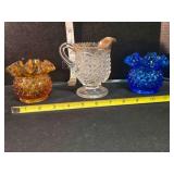 3 glass vases; 2 frilled rim hobnail