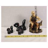 Resin old man figure & ceramic Cat & kitties