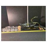 Blown glass swan, 3 shoes, 5 shot glasses