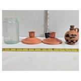 2 ceramic candlesticks, clay pitcher, Mason
