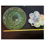 Green glass egg tray (12"), Candy dish (8") across