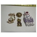 4 Cat Brooches 3 gold tone, 1 resin, 1 watch