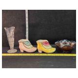 2 ceramic shoes, flower vase, fluted dish