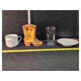 mustache cup, ceramic boot, measuring glass