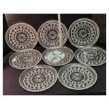 8 pressed glass snack plates w/glass holder
