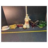 6 pitchers & souvenirs; cat figure pin cushion