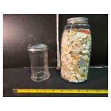 Jar of buttons, 9" tall; Sugar pitcher
