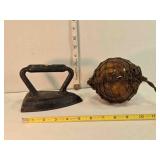 Cast iron  sad iron & amber hanging globe
