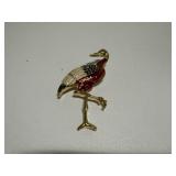 Gold tone Enameled Crane Brooch Pin-vintage