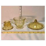Depression glass, candle holder, lid, creamer