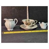 Lefton China cup & saucer, 2 porcelain pitchers
