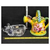Whimsical pottery watering can & clear pig