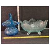 Clear footed bowl & blue glass fringed rim basket