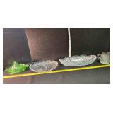 Cut glass; 2 relish trays, juicer, pitcher