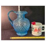 Blue hobnail glass pitcher, shaving mug & brush