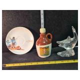 Brown jug, glass dolphin, American Indian saucer