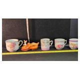 3 China cups, mustache cup, whimsical boot