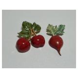 Enamel Brooches-Radish and Cherries--Radish is mar