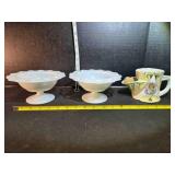 2 milk glass platform candy dishes, Shaving mug